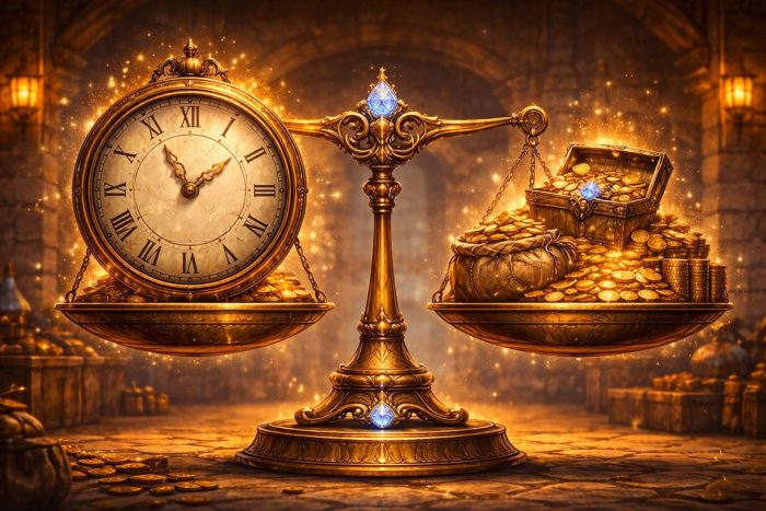 Clock and gold coins balancing each other