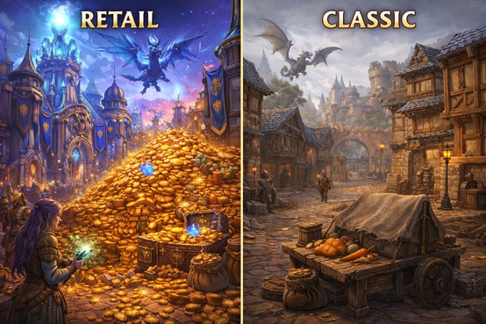 Retail WoW city overflowing with gold vs Classic WoW city with scarce resources Retail WoW city overflowing with gold vs Classic WoW city with scarce resources