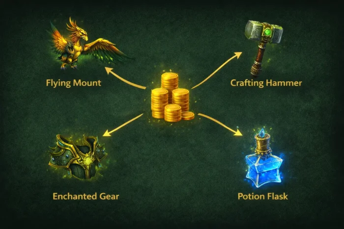 TBC Anniversary gold spending breakdown showing mount, crafting, enchants, and potion costs