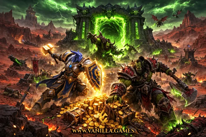TBC Anniversary gold cost concept showing players fighting over gold near the Dark Portal