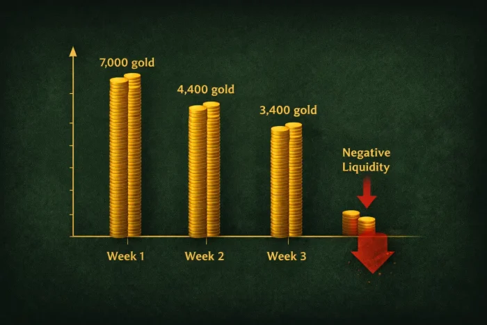 TBC Anniversary gold liquidity compression chart showing weekly gold decline and negative liquidity