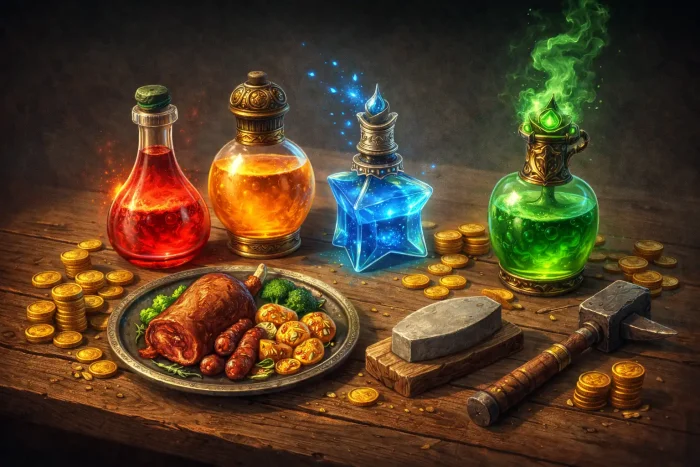 TBC Anniversary raid consumables including flasks, food buffs, crafting tools, and gold costs