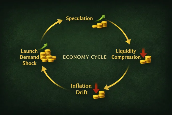 TBC Anniversary gold economy cycle showing launch demand shock, liquidity compression, speculation, and inflation drift